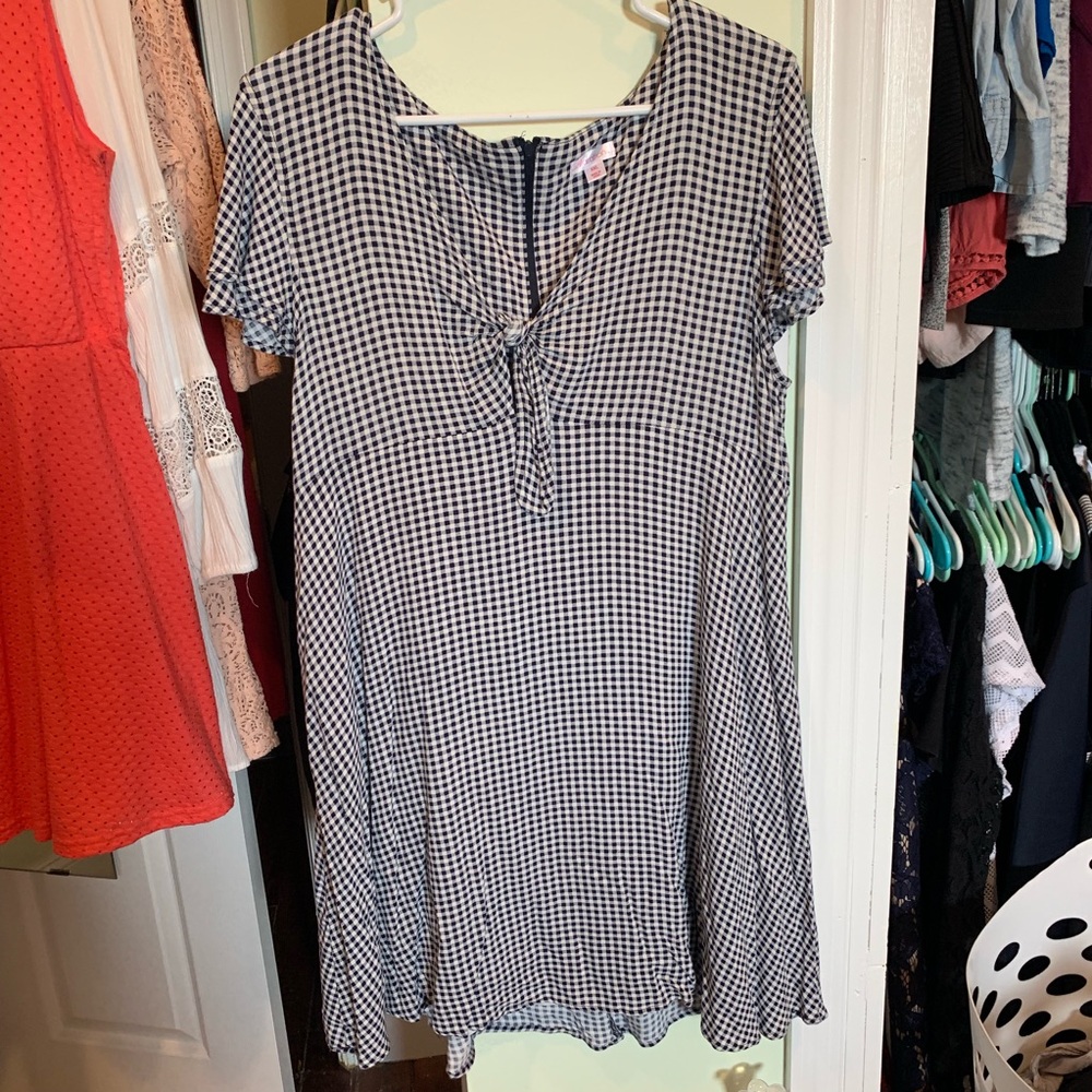 Blue and white checkered tie dress